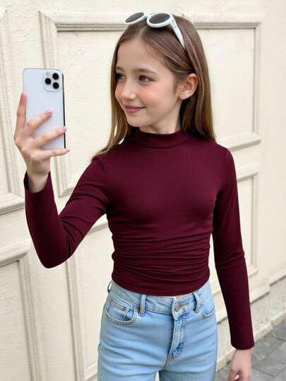 SHEIN Tween Girl Black Mock Neck Ruched Basics Solid Color Knit Tee,Great For Casual & Daily Wear & School Daily In Autumn & Winter Girls Tight Tops Tight Tops For Teens Tween Tight Tops