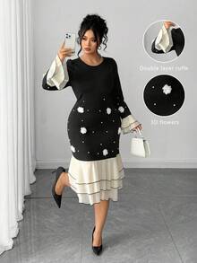 Elenzga Plus Size Women Elegant Mermaid Hem Round Neck Long Sleeve Beaded Decor Fitted Dress, Autumn/Winter