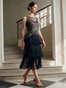 Anewsta Women's Fashionable High-End Luxury Fringed Beaded Sleeveless Dress, Suitable For Fall, Winter, Summer, New Year, Party, Wedding, Elegant, Chic, Stylish, Christmas, Shiny Dress, New Year's Eve - Blue - View 3