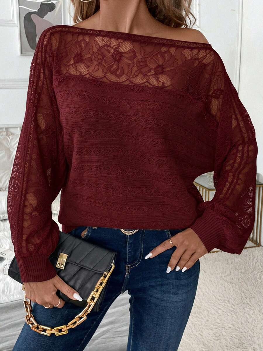 SHEIN Clasi Women's Lace Trim Patchwork Pullover Sweater/Winter - Burgundy - View 1