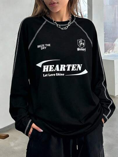 Teen Girl Solid Color Casual Long Sleeve T-Shirt With Printed Pattern Long Sleeve Graphic Tee Black Graphic Long Sleeve Oversized Sweat Shirts Graphic Long Sleeve Tweem Sweatshirt Tweem Oversized Sweat