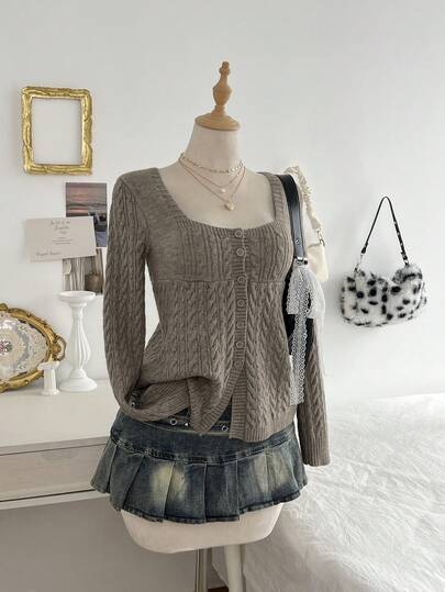 Elamini Vintage Casual Single-Breasted Long Sleeve Knit Cardigan For Women