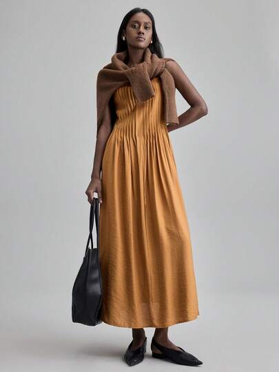 Ontre Women's Autumn/Winter Striped Flared Hem Dress With Shoulder Straps, Long Casual/Business Dress For Urban Commute, Office, Christmas Party, New Year, Vacation, Beach