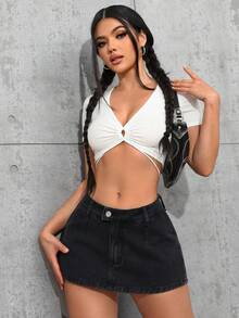 SHEIN ICON Autumn Plus Size Women Cowgirl Denim Mini Skirt, Jeans Shorts Jean Skirt Mini - Black - View 3