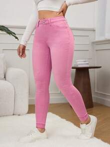 SHEIN EZwear 女士春季休闲高腰破洞紧身牛仔裤 - 粉色 - 查看 6