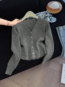 GlowEve Women's Solid Color V-Neck Long Sleeve Ruffle Hem Button Front Cardigan - Dark Grey - View 5