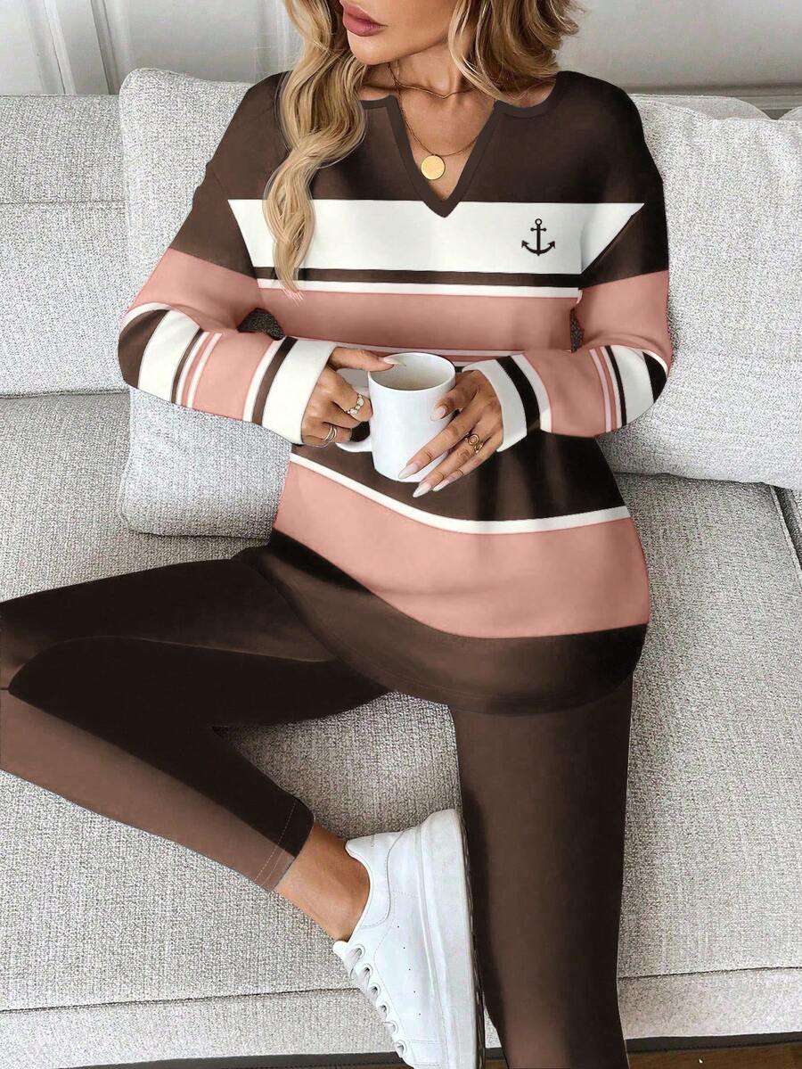 SHEIN LUNE 2pcs/Set Women Casual Striped Contrast Color Pattern Long Sleeve T-Shirt And Leggings, Suitable For Spring And Autumn 2 Piece Lounge Set Women Brown Lounge Set Lounge Wear Casual Lounge Set Long Sleeve Lounge Set
