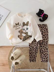 SHEIN 2pcs Baby Girl Cute Cartoon Pattern Knit Sweatshirt And Leopard Print Pants Set, Autumn/Winter - Multicolor - View 1