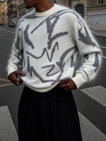 Manfinity EMRG Suéter de cuello redondo de punto esponjoso de moda casual para hombre en otoño/invierno, suéter oversize, suéter de punto, suéter gráfico, suéter de cuello redondo, suéter grunge, suéter deportivo de los 90, ropa urbana para hombre, manga larga