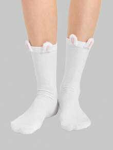 ROMWE Kawaii 1 Pair Cute Pink Fuzzy Rabbit Ear Mid-Calf Socks, Minimalistic Sweet Style Casual Socks, Versatile JK School Girl Look - Multicolor - View 4