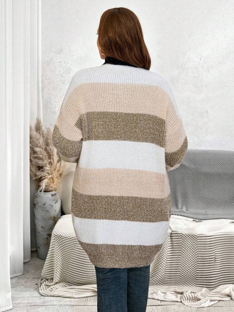 Plus Size Simple Striped Contrast Color Cardigan Color Block Cardigan Striped Cardigan Long Cardigan,Autumn/Winter,2025 New