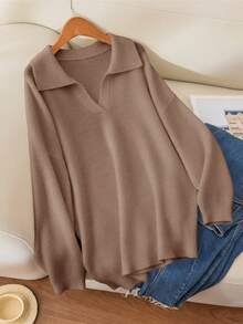 CosyJoli 大码女式纯色翻领长袖宽松休闲套头毛衣巧克力棕色毛衣女毛衣V领毛衣棕色毛衣秋冬棕色领口毛衣 - 卡其色 - 查看 4