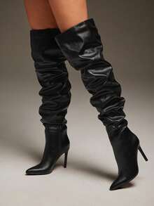 SHUZIA 女士百搭、保暖、性感过膝侧拉链细高跟靴 - 黑色 - 查看 3