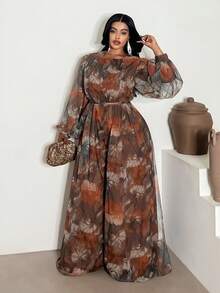 Maweii Macacão feminino plus size com estampa floral, gola redonda, manga lanterna, perna larga