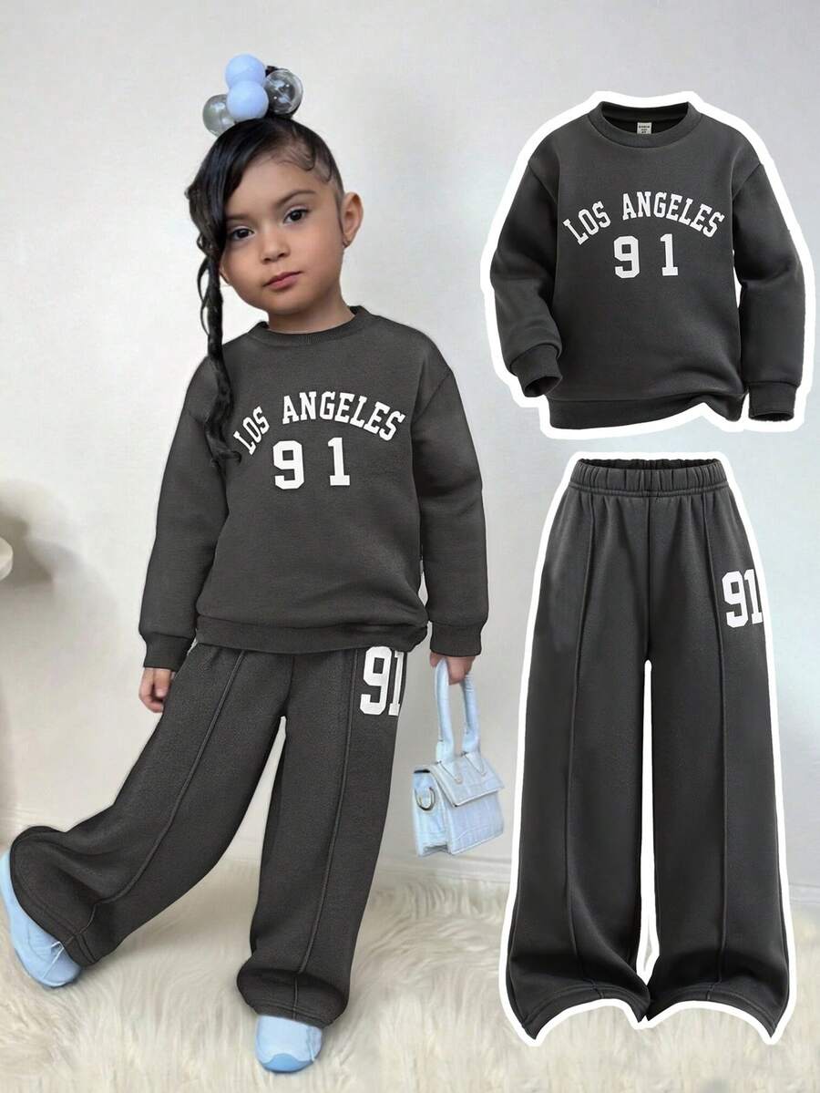 2 件套年轻女士休闲日常通勤百搭英文字母印花长袖圆领厚运动衫和裤子套装，适合秋冬 - 灰色 - 查看 1
