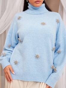 VOLUPTÉ CURVE Plus Size Autumn Blue Knit High Neck Long-Sleeve Side Slit Baby Wool Blend Crystal Star Embellished Mid-Length Elegant Pullover Sweater For Party - Blue - View 7