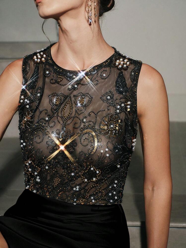 Top sin mangas con cuentas de alta gama y elegante para mujer, adecuada para otoño, invierno, verano, Año Nuevo, fiesta, boda, elegante, chic, con estilo, Navidad, brillante