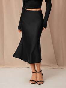 SHEIN PETITE 黑色高腰纯色缎面半身裙，适合舞蹈和日常穿着 - 黑色 - 查看 3