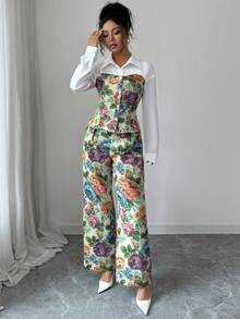 Elenzga Women's Textured Floral Pattern Collared Long Sleeve Fitted Blouse Paired With Regular Women's Pants, Elegant & Refined Outfit For Daily Wear, Autumn/Winter - Multicolor - View 4