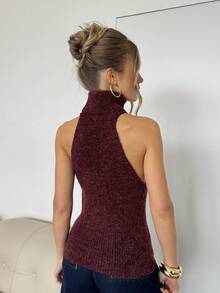 SHEIN BAE 女士休闲纯色修身无袖高领针织上衣，适合冬季、秋季、万圣节、圣诞节、新年、感恩节、派对等场合穿着。 - 酒紅色 - 查看 3