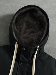Manfinity Roghcode Men's Solid Color Hooded Front Button Long Sleeve Thermal Lined Winter Coat - Black - View 4