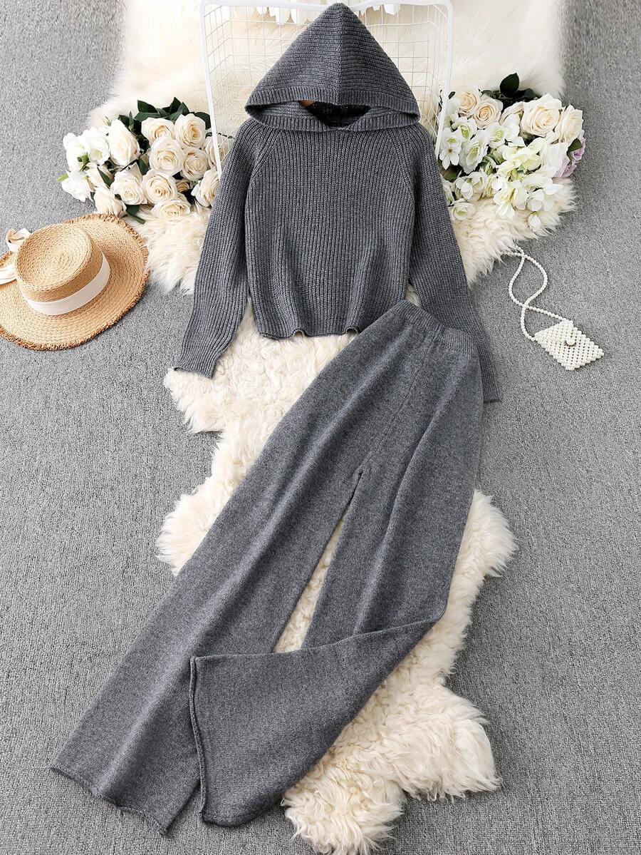 Franclia 2 件法式复古宽松连帽长袖针织深灰色女式毛衣套装，秋冬装 - 深灰色 - 查看 1