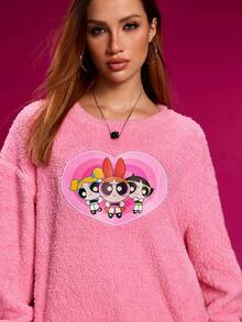 THE POWERPUFF GIRLS X SHEIN 女士花朵、泡泡、毛茛图案蓬松圆领长袖运动衫 - 粉色 - 查看 4