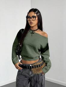 StreetHx New Contrast Color Graffiti Asymmetric Shoulder Casual Loose Sweater - Army Green - View 3