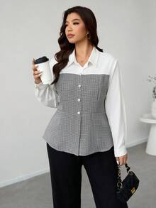 Firerie Plus Size Elegant Commuter Color Block Patchwork Shirt - Multicolor - View 6