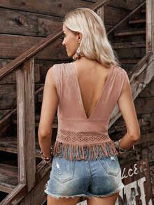 LanaWest 女式新款棕色复古仿麂皮 V 领褶饰腰部拉链开衫，波西米亚镂空流苏西部休闲度假上衣，夏季/秋季 - 粉色 - 查看 2