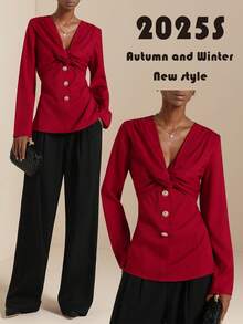 SHEIN Veneréa Women's Elegant Metal Buckle V-Neck Shoulder Ruched Chest Crossed Ruched Waist Commuting Shirt - Red - View 1