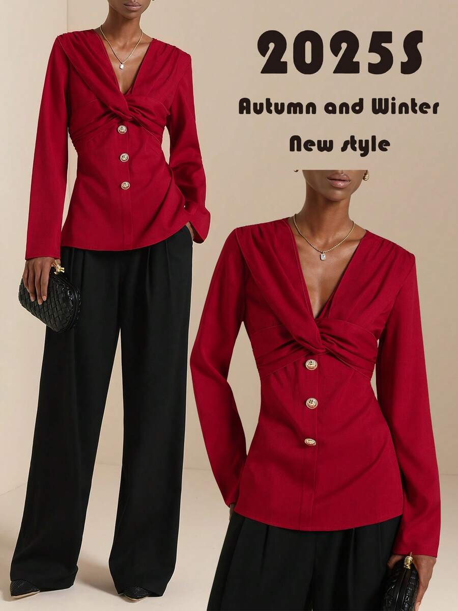 SHEIN Veneréa Women's Elegant Metal Buckle V-Neck Shoulder Ruched Chest Crossed Ruched Waist Commuting Shirt - Red - View 1