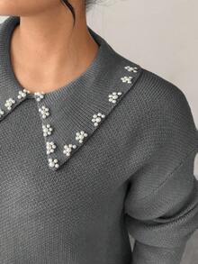 SHEIN Elenzya 女士珍珠领纯色简约套头毛衣 - 淺灰色 - 查看 7