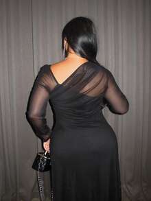 Firerie Plus Size Women's Elegant Minimalist Chic Fashion Basic Everyday Wear Ins Style Office Commute Influencer Music Festival Embroidered Stretch Mesh Asymmetrical Neck Ruched Bodycon Slim Fit Long Sleeve Maxi Dress/New Year - Black - View 2