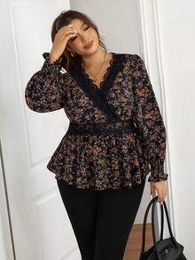 SHEIN Frenchy Áo cánh tay dài in hoa cổ chữ V phối ren chắp vá cỡ lớn thời trang cho nữ - màu đen - Xem 6