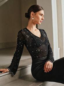 Anewsta 女式新款黑色网眼水钻装饰长袖透明衬衫，性感上衣，适合春、夏、秋、冬 - 黑色 - 查看 7