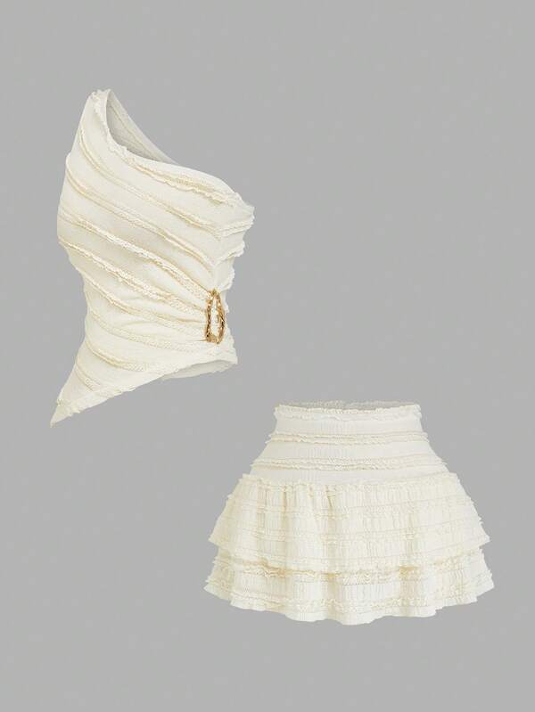 Sweetra 1 conjunto de top corto sin mangas blanco con decoración de hebilla en la cintura y falda corta plisada blanca, estilo minimalista