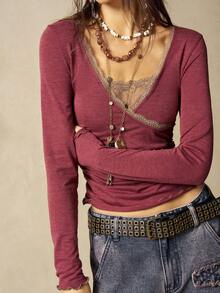 Bohemela Maglietta a maniche lunghe aderente da donna, scollo a V, tinta unita