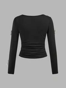 SHEIN NovaGlow Kids Tween Girls Casual Fashion Daily Black Fitted Crew Neck T-Shirt With 3D Floral Sequin Decor