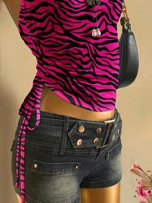 Attitoon 大码女式休闲斑马纹褶饰前系带短款上衣，嬉皮风格，性感，可爱，适合 Y2K 音乐节 - 彩色 - 查看 8