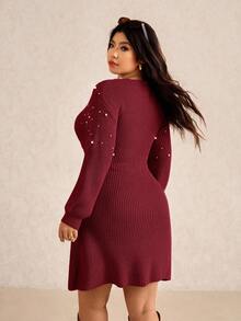 Elaquor Vestido Longo Elegante e Urbano de Estilo Minimalista com Decoração de Pérolas em Cruzado, Versátil para Outono/Inverno, Plus Size