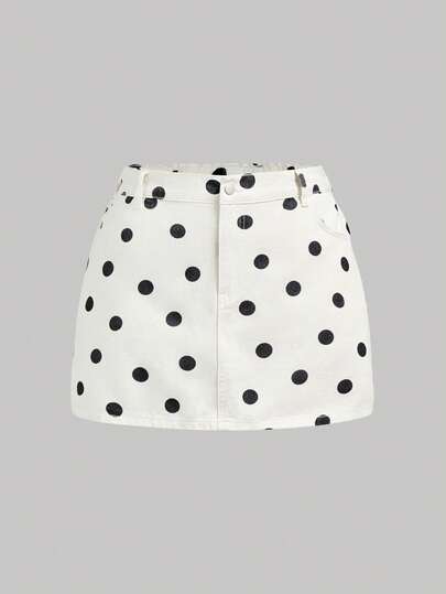 SHEIN MOD Plus Size Women's Polka Dot Print Pocket Casual Denim Mini Skirt