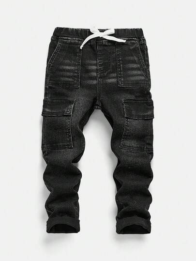 SHEIN Young Boy Fashion Distressed Retro Vintage Washed Color Contrast High Stretch Skinny Blue Jeans ,For Kids Daily Wear And Outdoor Clothes Outfits