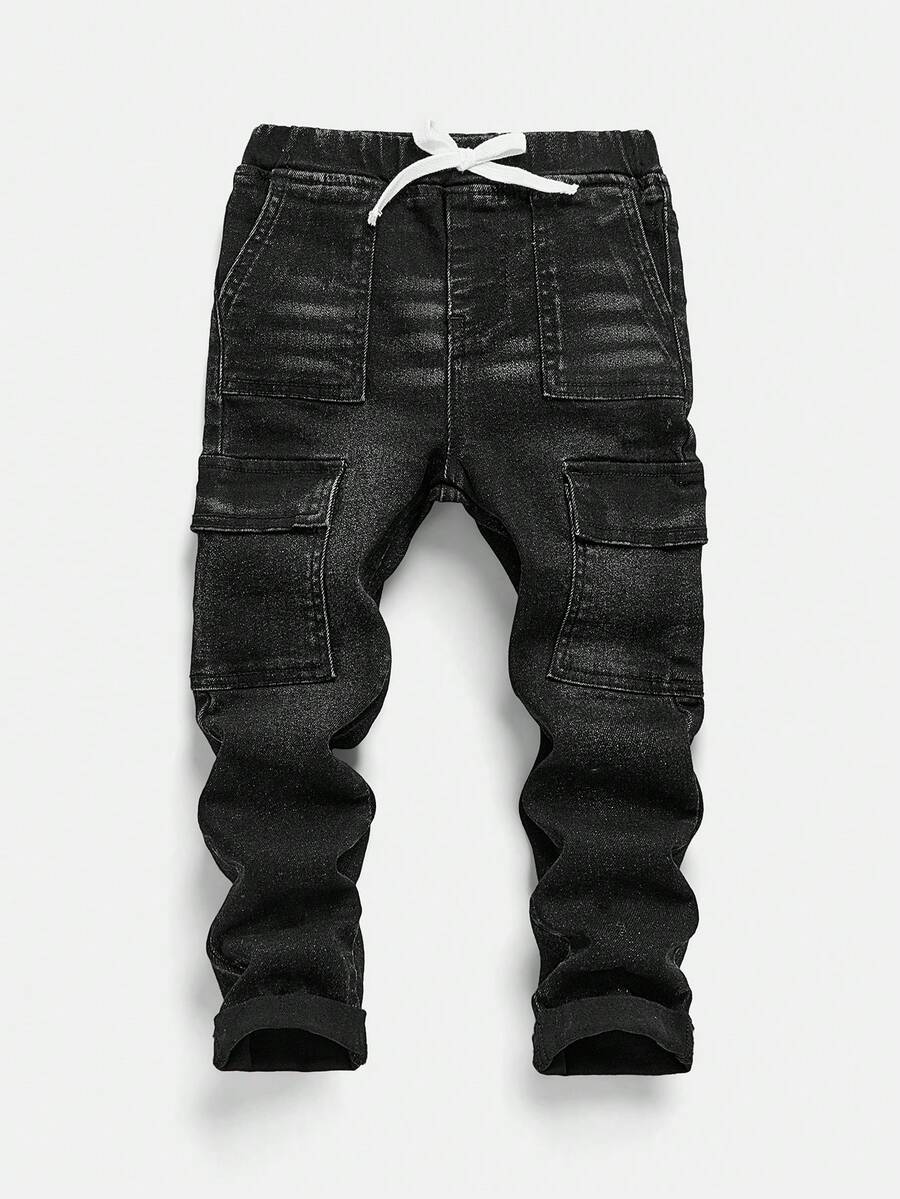SHEIN 小男孩时尚做旧复古水洗撞色高弹力紧身蓝色牛仔裤，适合儿童日常穿着和户外服装 - 黑色 - 查看 1