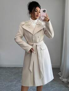 Elenzga Abrigo elegante de doble botonadura con cinturón, manga larga, cuello con solapa y decoración de aplicaciones para mujer, para otoño/invierno