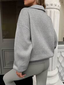Women's Casual Metal Button Dropped Shoulder Loose Sweatshirt, Autumn - Grey - View 2