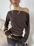 SHEIN BAE Kadın Düz Renk Büzgülü Asimetrik Omuz Uzun Kollu Bluz