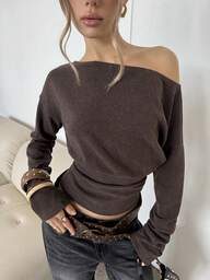 SHEIN BAE Kadınlar için Düz Renk Kaşmir Sıcak Tutan Asimetrik Yaka Pileli Günlük Uzun Kollu Tişört Müzik Festivali, Sokak Stili, Günlük Geziler Kahverengi Kaşmir Üst, Sonbahar/Kış Sıcak Tutan Üst, Dış Giyim Katmanlama Koyu Kahverengi Üst