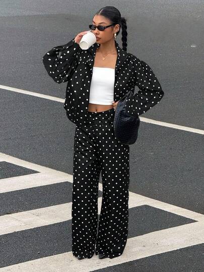 SHEIN EZwear 女士时尚休闲波尔卡圆点印花拉链夹克和裤子两件套