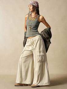 Bohemela 女式纯色针织高腰宽松水洗裤 - 杏色 - 查看 1